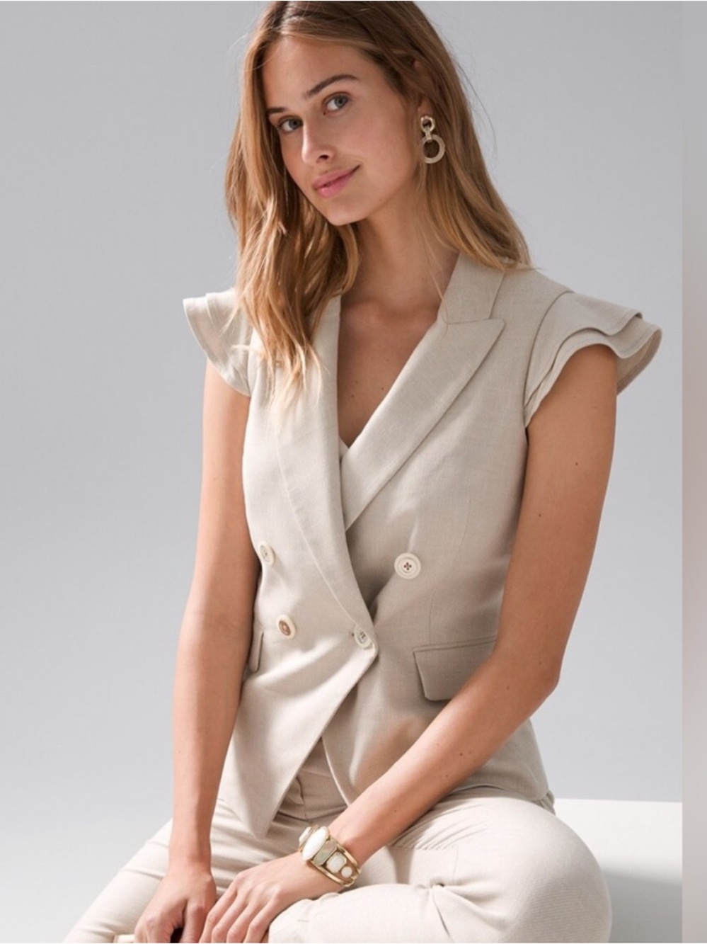 Cream Double-Breasted Vest Top Sleeveless Blazer Look WHBM